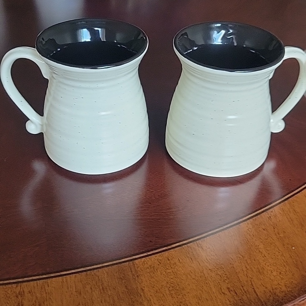 ROSCHER SPECKLED RIBBED 4.5” Stoneware Mugs: Hourglass Ivory / Black Interior